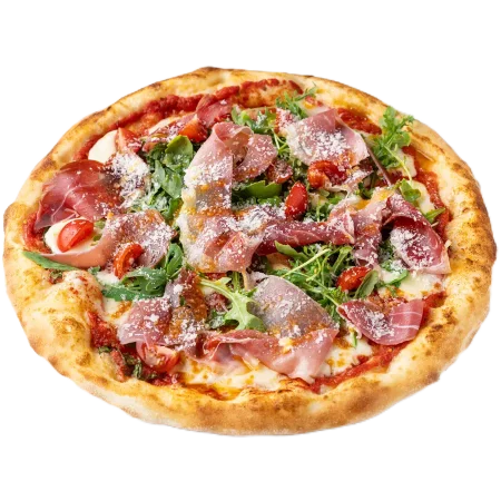 Пицца Прошутто со страчателлой, рукколой и томатами